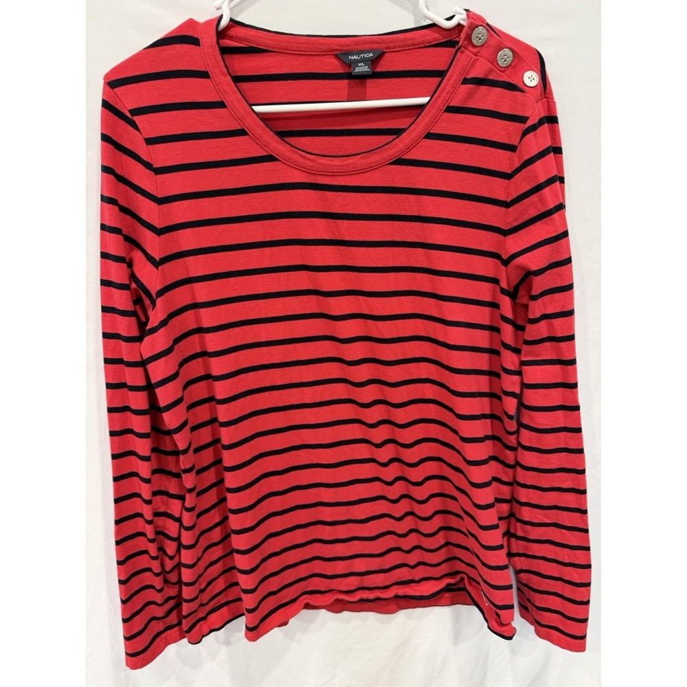 Nautica Women XL Red Black Striped Long Sleeve Top Shirt Button Shoulder Anchor